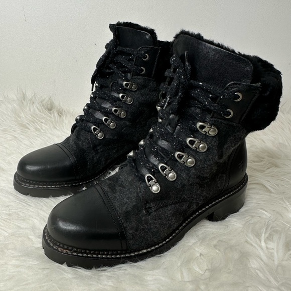 Frye Women’s Samantha Black Leather Canvas Shearling Combat Hiking Boots Size 8 - Picture 2 of 15